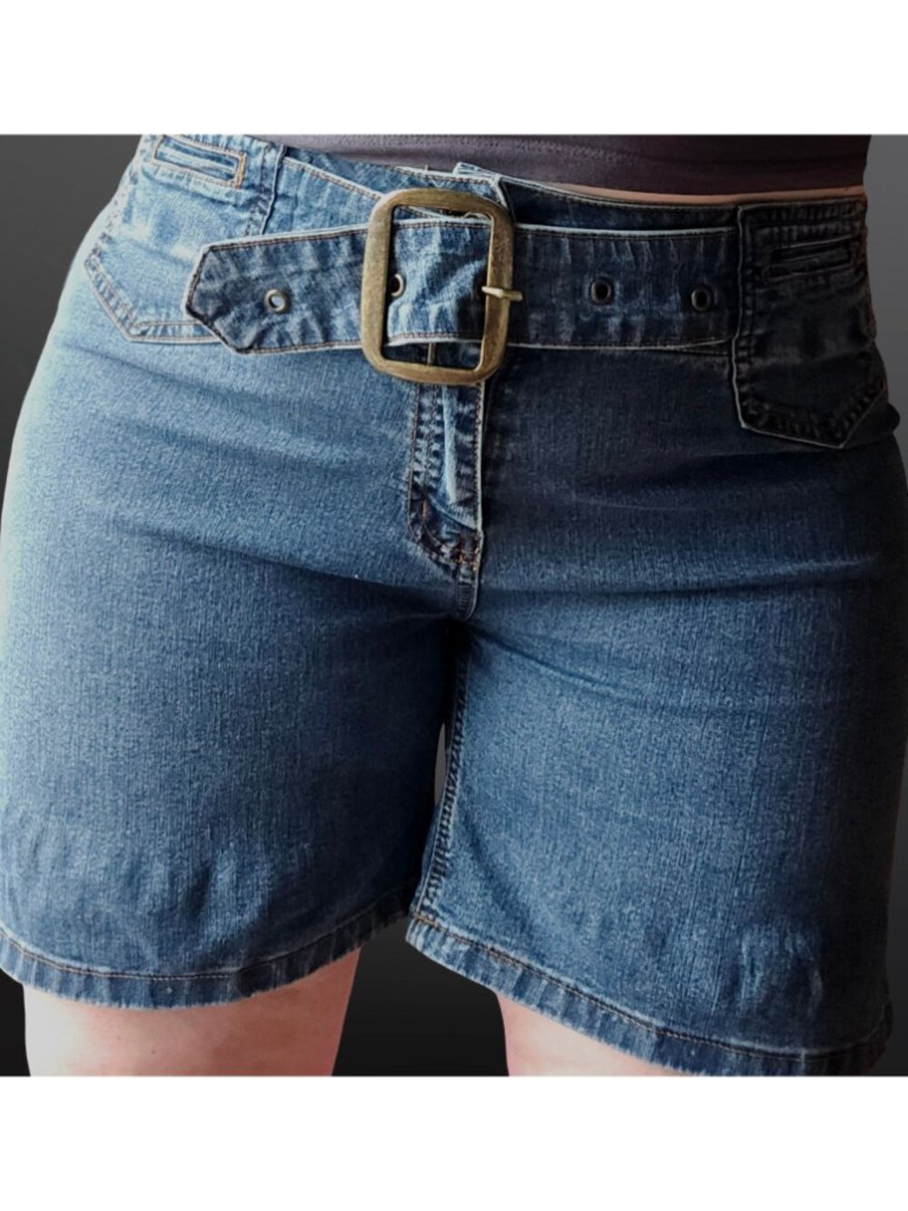 Vintage 90s Y2K Blue Denim Shorts With Buckle Belt Size L Mid Rise Stretch - Picture 8 of 8